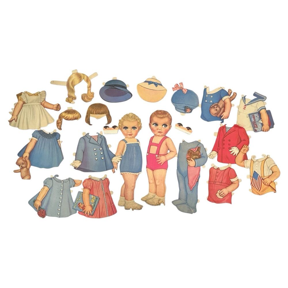 Vtg Winkie & Blinkie Paper Dolls Flutter Eyes 13" Original‎ 1940s Ephemera Flaws